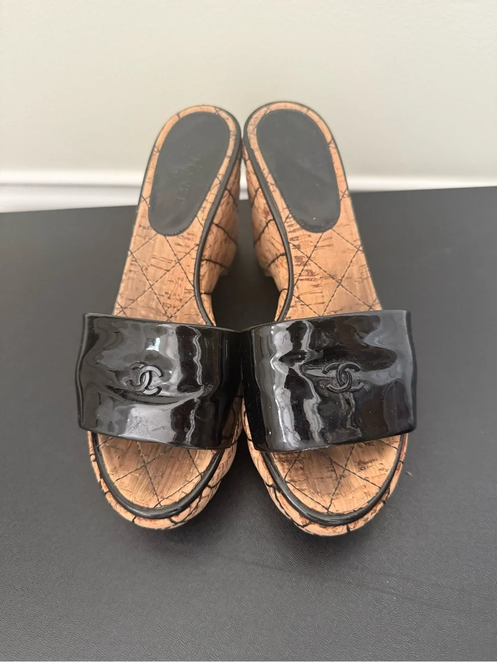 CHANEL Black Patent Leather Slide Clogs with Cork-Effect Platform